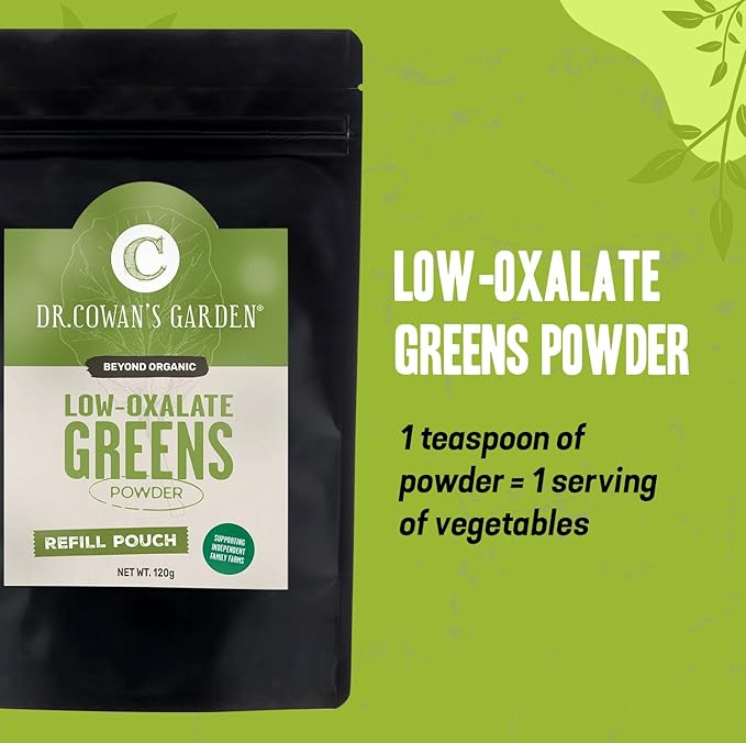 Dr. Cowan's Garden Low-Oxalate Greens Veggie Powder Refill Pouch - Beyond Organic Superfood Greens Vegetable Powder for Drinks and Food - Lacinato Kale, Mustard Leaves, and Collard Greens