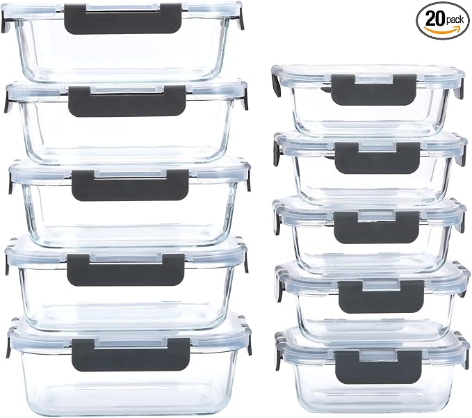 10-Pack Glass Food Storage Containers with Lids [Air-Tight,Leak-Resistant] Glass Containers for Food Storage, Meal Prep, Microwave, Freezer, Dishwasher Safe