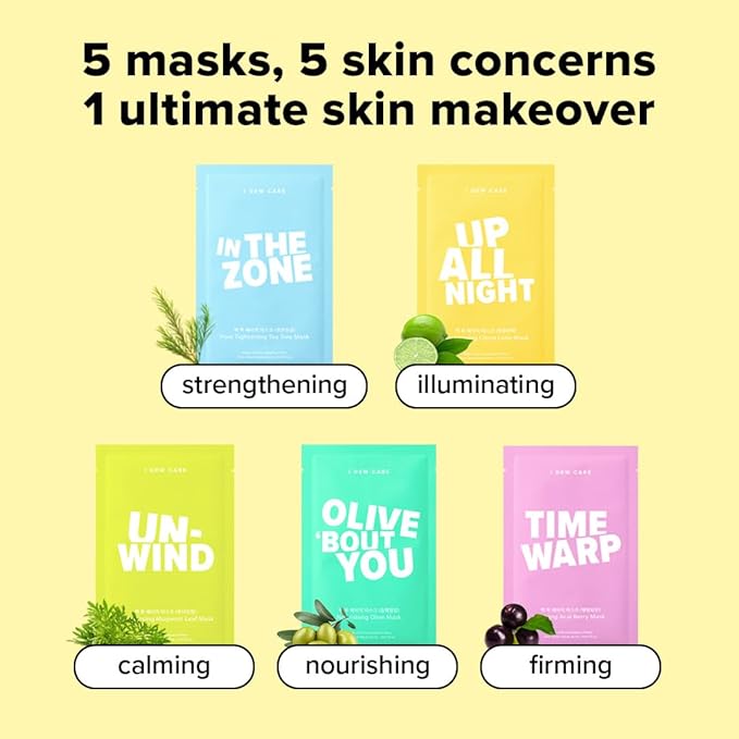 I DEW CARE Glass Skin Face Mask Variety Pack - Let's Do This Sheet | For Perfect Care Routine, Korean Face Masks Skincare, Olive Extract, Chamomile, Vitamin B3, Moisturizing, 5 Count
