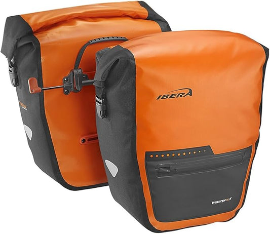 Ibera Panniers Bike Bags 30L (Pair) - Waterproof & with Quick Release/Clip-On System - Bike Saddle Bags For Rear Rack with Rain Cover & 19.8 lbs Capacity - Saddle Bag Bicycle Fits Most Racks (Orange)
