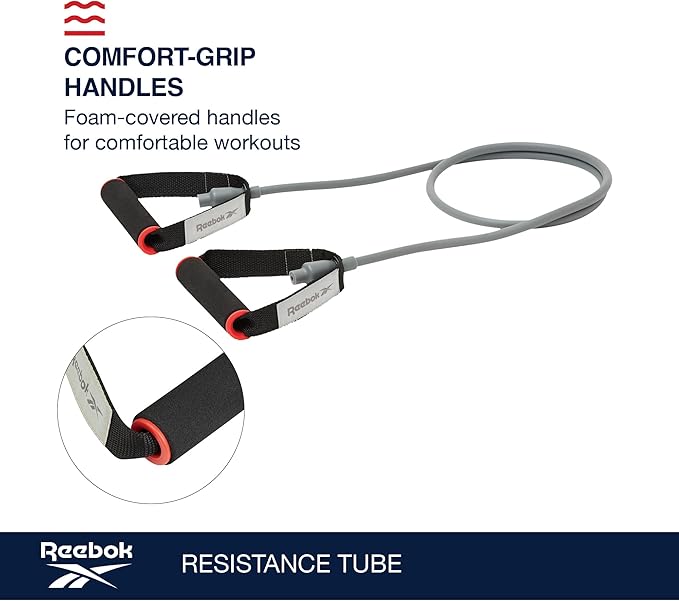 Reebok Resistance Tube Full Body Workout, Warm-Up & Strength Training Resistance Bands with Handles, Non-Slip Stretch Bands for Exercise, Fitness Bands for Men & Women