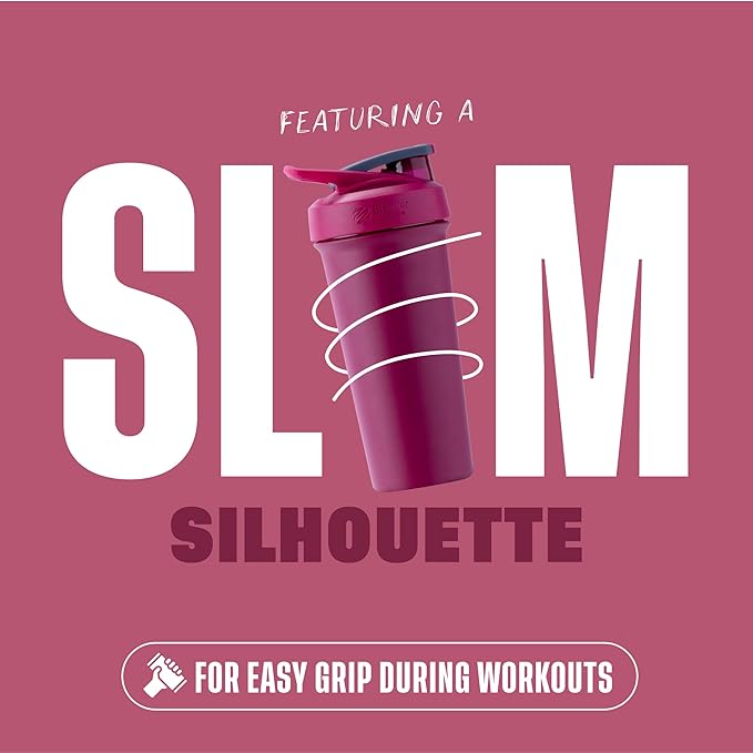BlenderBottle Sport Sleek Insulated Stainless Steel Shaker Bottle with Wire Whisk, 25-Ounce, Raspberry – Protein Shakes & Hydration for Athletes & Fitness Enthusiasts, Easy Mixing, Slim Easy to Hold, Keeps Drinks Cold, Lockable Lid