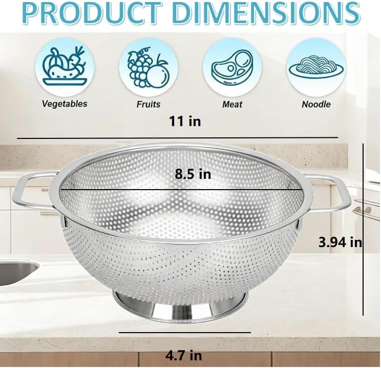 304 Stainless Steel Colander, Micro-Perforated 3-Quart Strainer - Image 2