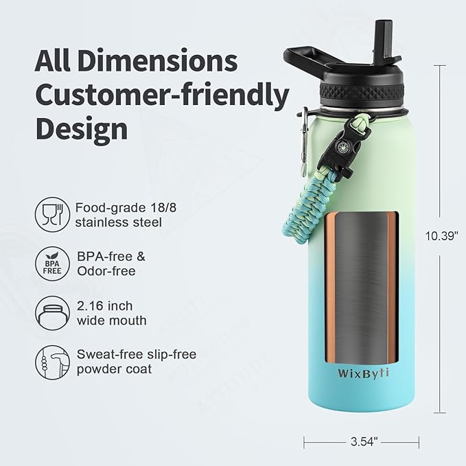 40 oz Insulated Water Bottle with Straw (Cold for 48 Hrs), Stainless Steel Triple Wall Vacuum Sports Water Jug, Leakproof Hydro Cup Flask with Paracord Handle & Straw Spout Lids & DIY Stickers
