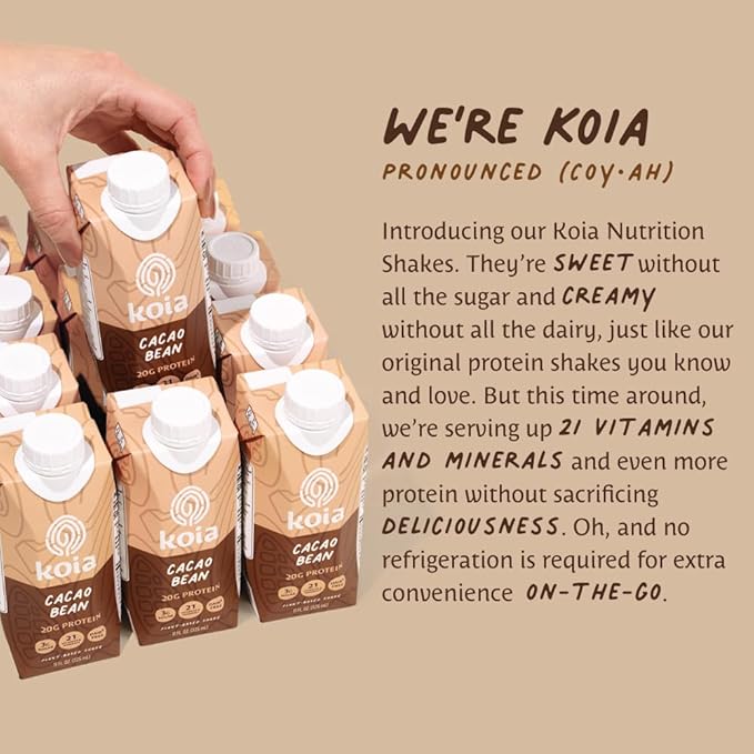 Koia Plant Based Protein Shake, Cacao Bean, 20g Protein, 3g Sugar, 6g Prebiotic Fiber, 21 Vitamins & Minerals, Meal Replacement Drinks, Dairy-Free, Gluten-Free, Non-GMO, 11 Fl Oz (Pack of 12)