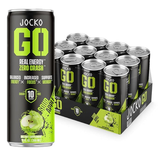 Jocko GO Energy Drink - Keto, Vitamin B12, Vitamin B6, Electrolytes, L Theanine, Magnesium- Energy Boost, Sugar Free Nootropic Monk Fruit Blend - 12 Pack (Sour Apple)