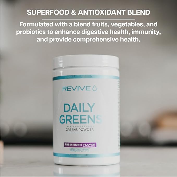 Revive MD Daily Green Powder Superfood (Fresh Berry) - Supergreens Powder to Support Energy Levels - Green Juice That Improves Fiber Intake - Vegetable Supports Digestion and Gut Health