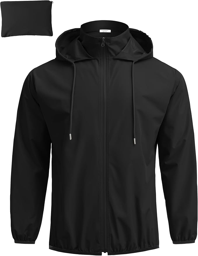 COOFANDY Men's Packable Rain Jacket Lightweight Waterproof Raincoat with Hood Travel Hiking Golf Windbreaker
