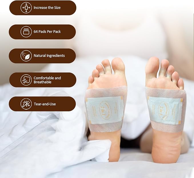2 in 1 Foot Pads, 64 Pads Bamboo Vinegar Coconut Shell Powder Foot Pads with ''Stay in Place'' Bigger Adhesive Sheet