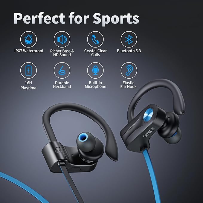 JOYWISE Wireless Headphones Bluetooth 5.3 Headphones with 16 Hours Playtime, Over-Ear Stereo Bass Earphones with Earhooks Headset, Sports Earbuds with Storage Bag for Running, Blue
