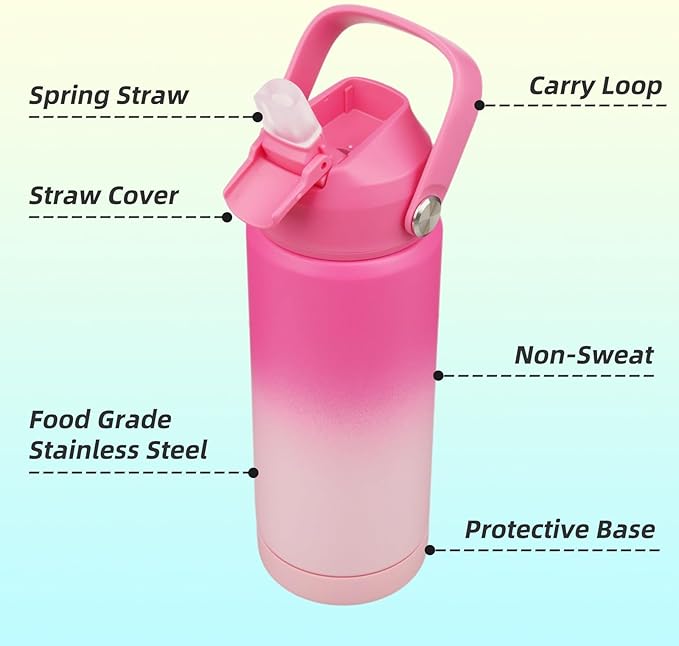 Insulated Water Bottle with Straw Lid,18 oz Stainless Steel Vacuum Metal Bottle with Silicone Handle,Cherry Blossom