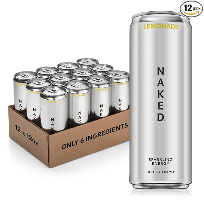 Naked Sparkling Energy Drink - Lemonade, Organic Caffeine, Organic Lemon Juice, Zero Sugar, No Sucralose, Naturally Sweetened, Natural Energy Drinks, Vegan, Gluten-Free, Non-GMO - 12oz Cans (Pack of 12)