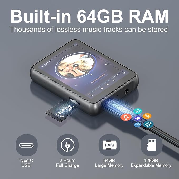 64GB MP3 Player Bluetooth 5.3 Touch Screen Music Player Portable mp4 Player with Speakers high Fidelity Lossless Sound Quality 2.4 inch mp3 FM Radio Recording e-Book