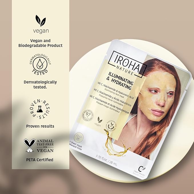 IROHA NATURE Brightening & Hydrating Face Mask with Pure Vitamin C and Hyaluronic Acid (Pack of 15) | Illuminates & Hydrates | Instant Results in 15 Minutes | 100% Biodegradable