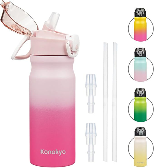 Insulated Water Bottle with Straw and Carry Loop,18 oz Stainless Steel Double Wall Vaccum Metal Water Flask with Leak-proof Lid,Cherry