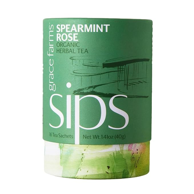 Grace Farms Organic SPEARMINT ROSE Herbal Tea (16 Pyramid Sachets) | Naturally Sweet, Stress Relieving and Caffeine Free | Organic, Fair Trade and Kosher Certified | Delicious Iced Tea | Gives Back 100% of Profits