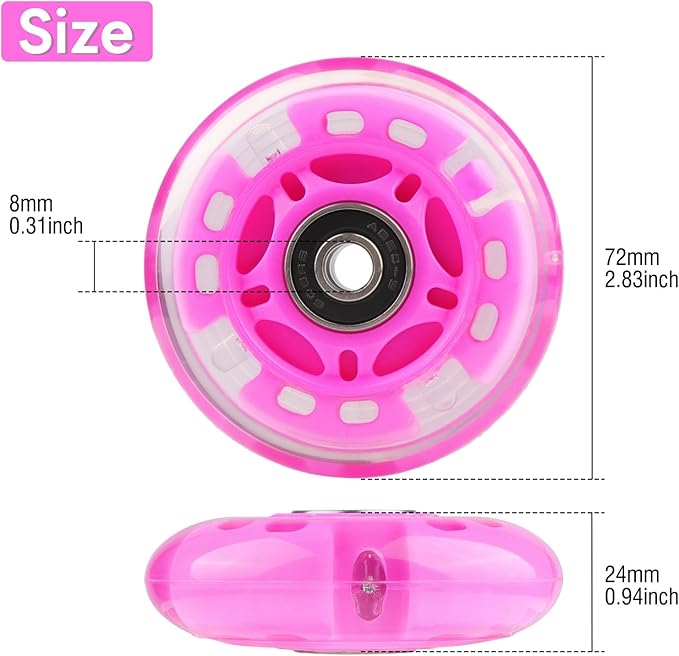 8pcs Inline Skate Wheels Led Light-Up Wheels 64/70/72/76/80mm w/Bushings 85-88A for Kids and Youth Beginners Children's Inline Skates Indoor/Outdoor Use (Pink, 72mm)