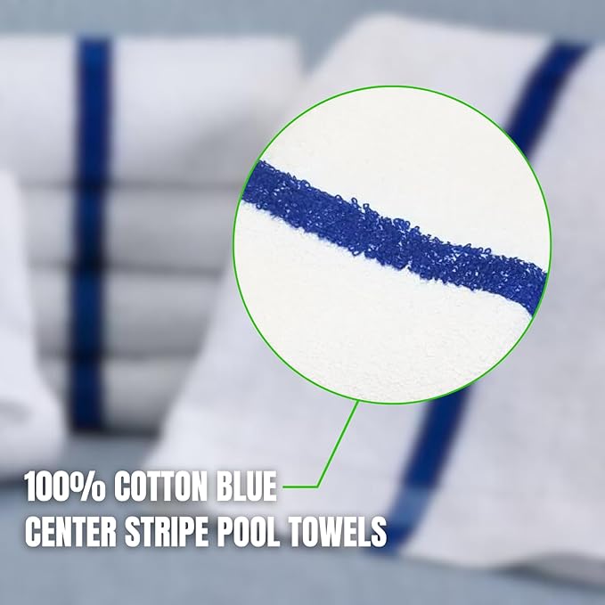 Towels N More 24x48 Soft Poolside Towels 6 Large Super Absorbent White Pool Towel with Blue Center Stripe for Home Pool Spa Gym Hotel Motel as Bath Towels