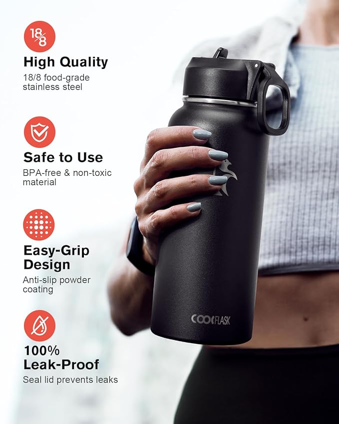 Water Bottle 32 oz Insulated with Straw, Coolflask Stainless Steel Metal 3 Lids Water Flask Wide Mouth for Sports or Office, Non-BPA Keep Cold Up to 48 Hrs or Hot Up to 24 Hrs, Magic Black