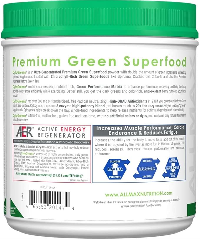 ALLMAX Nutrition - Cytogreens Super Greens Powder, Infused with Spirulina, Spinach & Barley Grass, Supports Immune & Digestive Health, Gluten Free & Vegan, 60 Servings (Acai Berry Green Tea)