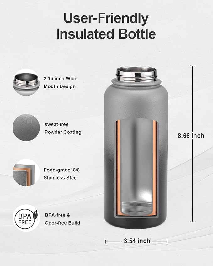 32oz Insulated Water Bottle,Stainless Steel Vacuum Water Bottle, BPA-Free & Leakproof -with Paracord Handle,Strap,Straw Spout Lids,Large Water Jug for Gym Sports