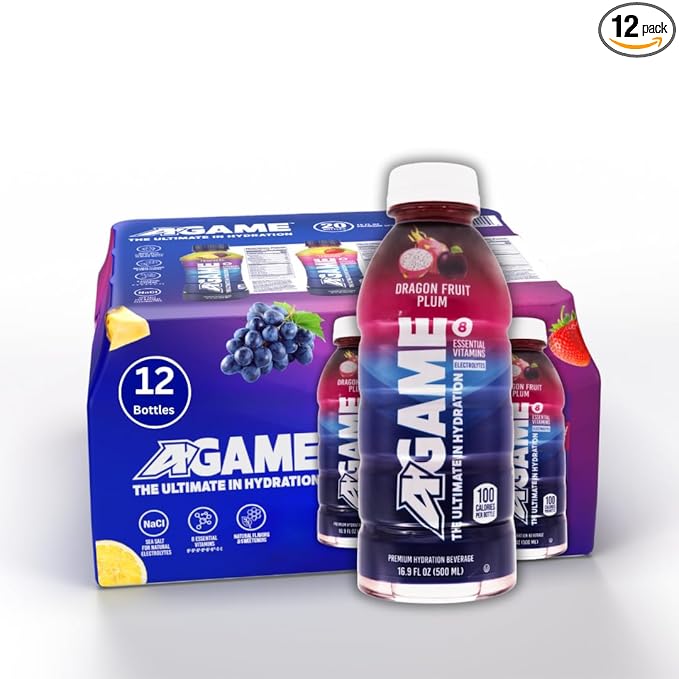 A-GAME Sports Drink, Dragon Fruit Plum, The Ultimate Hydration Sports Beverage for Athletes, 8 Essential Vitamins including B, C, & E plus Natural Sea Salt Electrolytes, All Natural Flavors & Sweeteners, Gluten Free, 16.9 Fl Oz (Pack of 12)