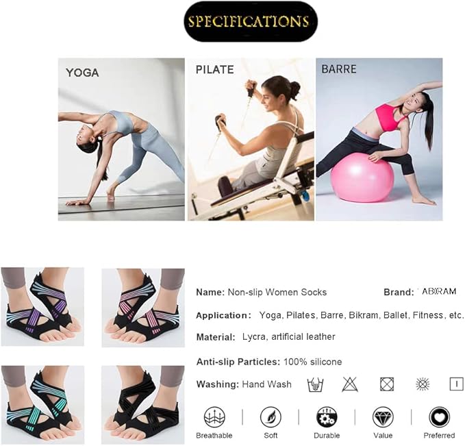 ABIRAM Yoga Socks Toeless Non-Slip Grips & Straps, for Pilates, Barre, Ballet, Bikram, Workout for Women
