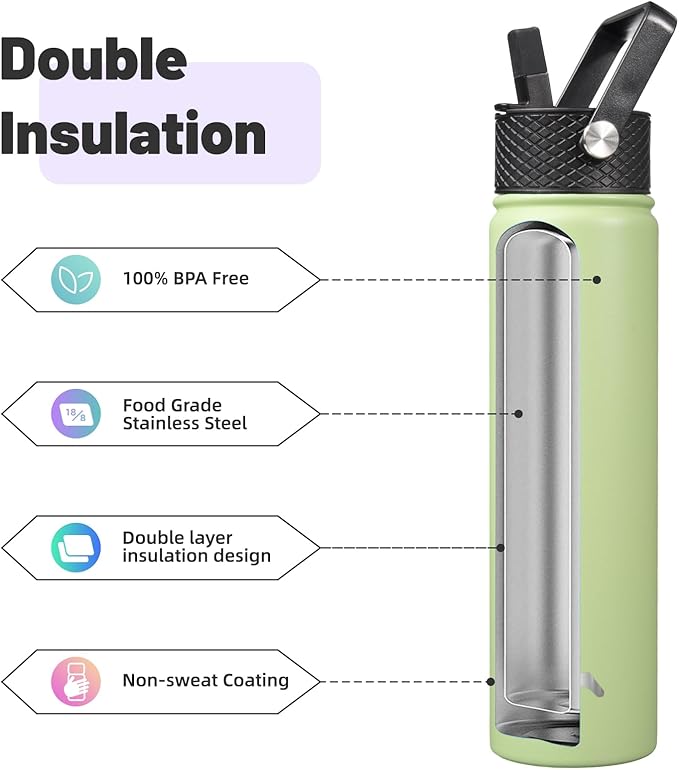 Insulated Water Bottle 24oz Stainless Steel Sport Bottles with 3 Lids,Macaron Green