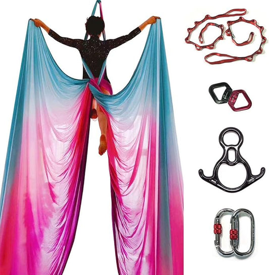 DASKING Aerial Silks Starter Kit - Durable 11Yards of Aerial Yoga Hammock with Hardware, Aerial Swing for Acrobatic Flying Yoga & All Levels (Aerial Rigging Point Up to 14ft)