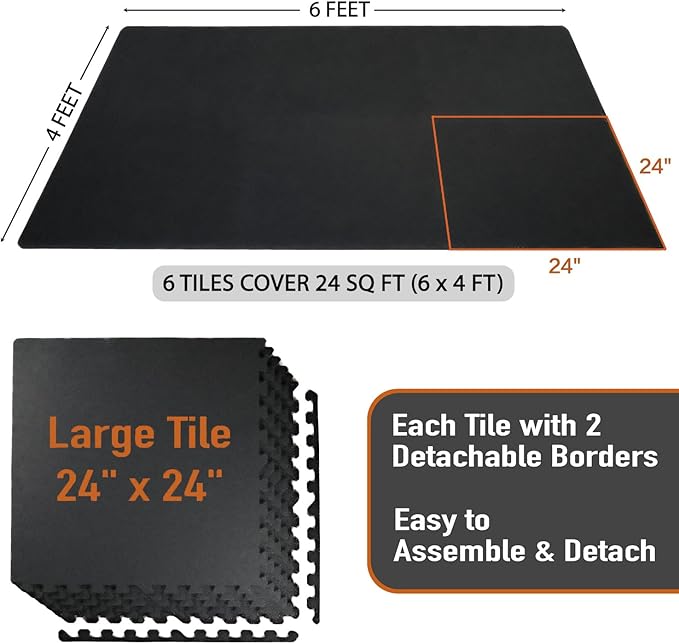 AIRHOP 0.56in Thick 24 Sq Ft Exercise Equipment Mats, 6 Tiles Upgraded Rubber Top with High Density EVA Foam, Large Interlocking Puzzle Gym Flooring for Home Gym, Heavy Weight Workout,Black