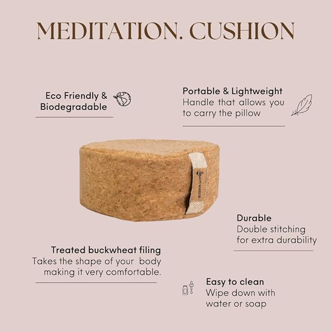 Zen Meditation Cushion - Sustainable Cork Fabric Cover, Lined with cotton and filled with treated buckwheat. Non-toxic, eco Friendly Meditation Pillow (15inch x 15inch x 5 Thick)