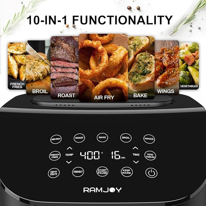 Air Fryer 6.8 Quarts, 10-in-1 Functions, Air Fry, Roast, Bake, Broil, Dehydrate, Large & Compact Air Fryers, Nonstick & Dishwasher-Safe Airfryer Basket, Stainless Steel Air Fryer, Easy to Use