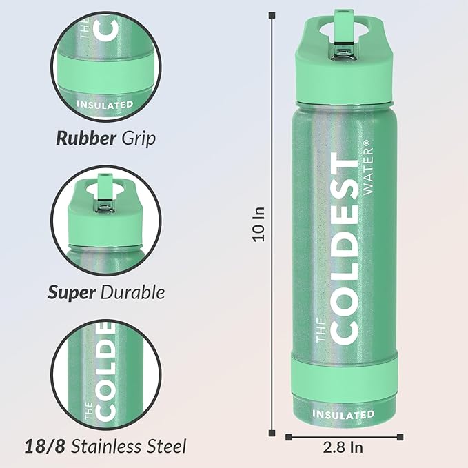 Coldest Insulated Water Bottle with Straw Lid - Stainless Steel Metal Insulated Bottle for Men & Women (Green Aurora Glitter, 24 oz)