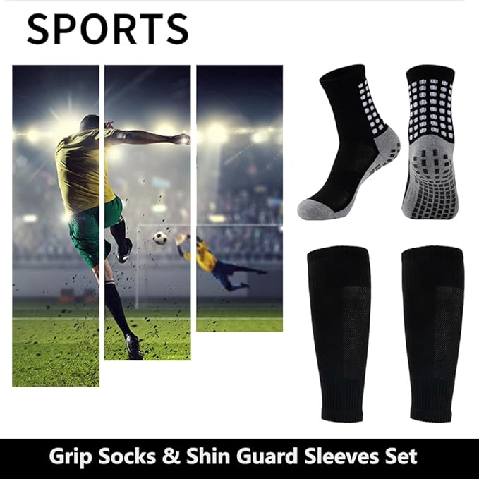 2 Set Anti-Slip Grip Soccer Socks with Shin Guard Sleeves, Sports Athletic Socks for Men Women