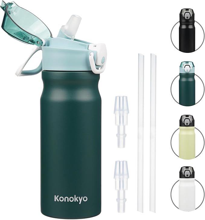 Insulated Water Bottle with Straw and Carry Loop,18 oz Stainless Steel Double Wall Vaccum Metal Water Flask with Leak-proof Lid,Dark Green