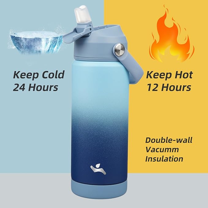 Insulated Water Bottle with Straw Lid,18 oz Stainless Steel Vacuum Metal Bottle with Silicone Handle,Sky