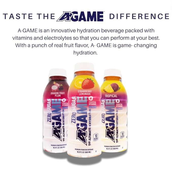 A-GAME Zero Sugar Sports Drink, Dragon Fruit Plum Zero Sugar, The Ultimate Sugar Free Hydration Sports Beverage, 8 Essential Vitamins including B, C, & E plus Sea Salt Electrolytes, All Natural Flavors, Gluten Free & Keto Friendly, 16.9 Fl Oz (Pack of 12)