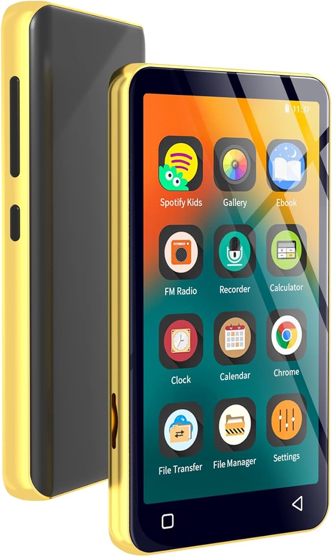 80GB MP3 Player with Bluetooth and WiFi, MP4 MP3 Player with Spotify,Spotify Kids，4" Full Touch Screen with Pandora, Music Player with Audible，Android MP3 with Speaker (Gold_Black)