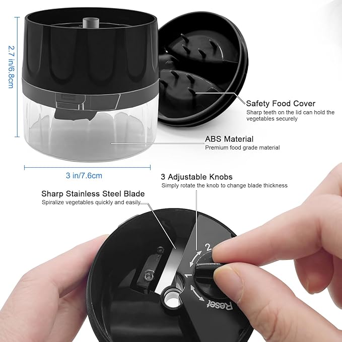 3 in 1 Vegetable Spiralizer Slicer, Adjustable Zucchini Carrot Noodle Maker, Cucumber Spiral Cutter, Easy to Use Kitchen Tool（Black）