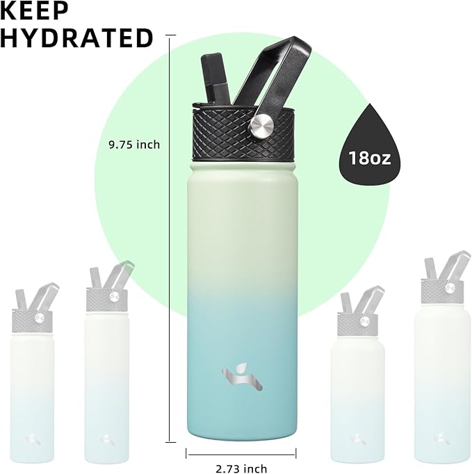 18 oz Insulated Water Bottle Stainless Steel Sport Bottles with 3 Lids,Mint