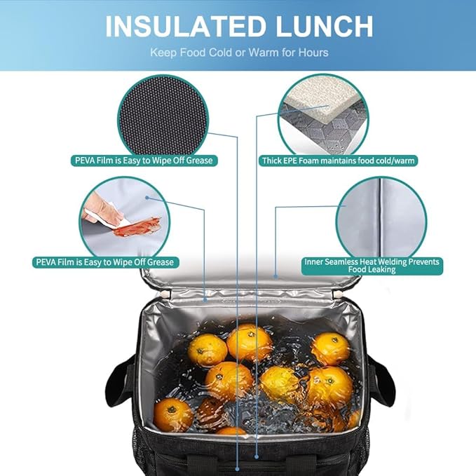 iknoe Insulated Lunch Bag, Foldable 8.5L Cooler Bag for Men & Women, Leakproof Thermal Design, Great for Office, Picnic, Travel, Lunch Box, Black