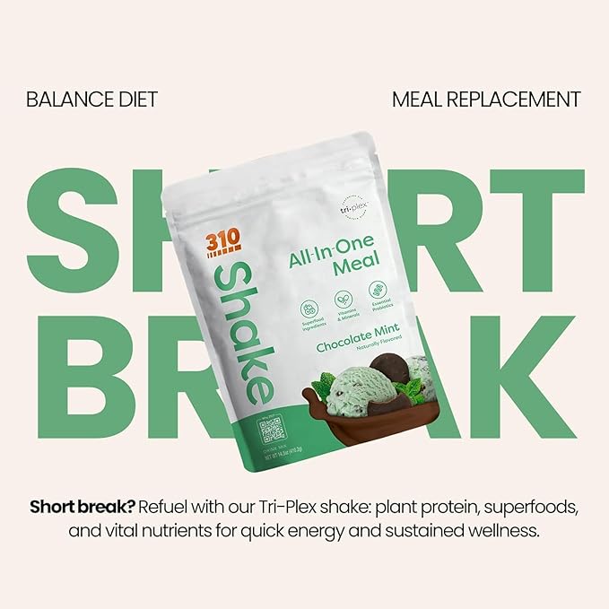 310 Nutrition All-In-One Meal Replacement Shake Powder - Plant-Based Protein Smoothie Blend w/High Fiber, Probiotics & Adaptogens - Low Carb, Vegan, Keto & Paleo Friendly - Chocolate Mint - 14 Srv