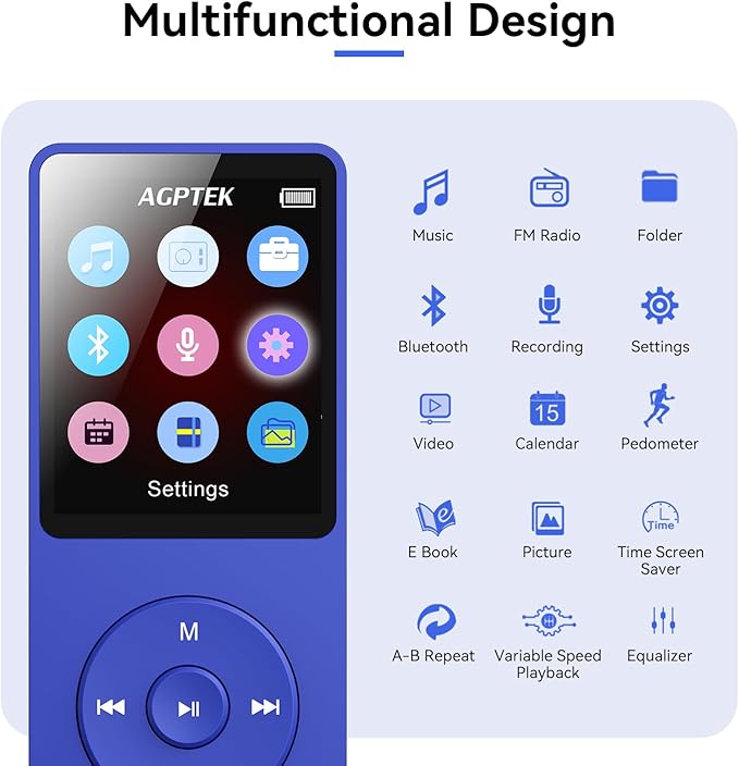 AGPTEK A02 MP3 Player with Bluetooth 5.3, 1.8 inch Screen Portable Music Player with Speaker, FM Radio, Voice Recorder, Supports Expanded Up to 128GB(Blue, 32GB)
