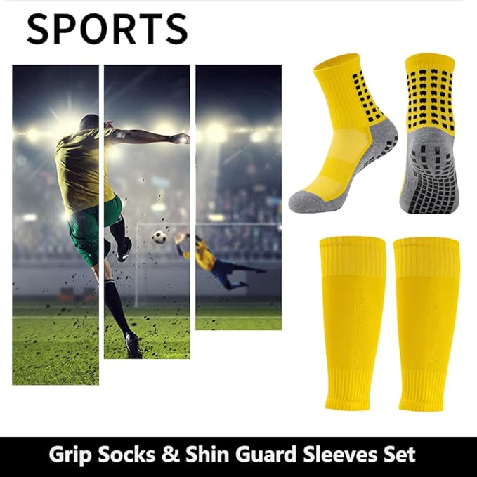 2 Set Anti-Slip Grip Soccer Socks with Shin Guard Sleeves, Sports Athletic Socks for Men Women