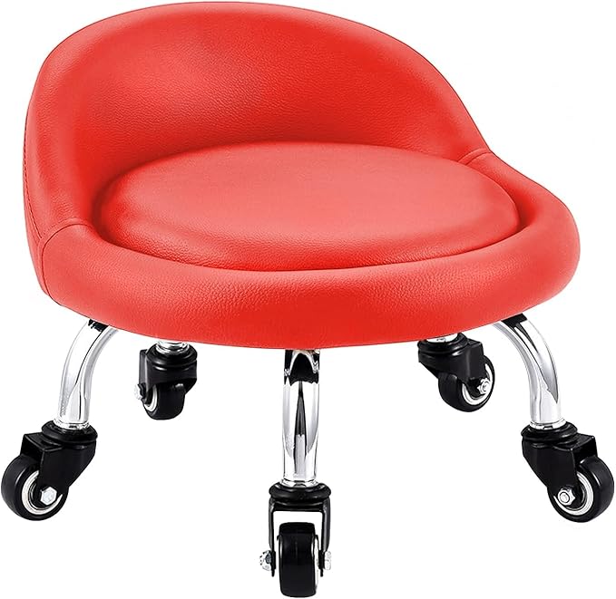 Lanstics Low Rolling Stool with Leather Roller Seat and Backrest - Universal Wheels for Home Office and Fitness (Red)