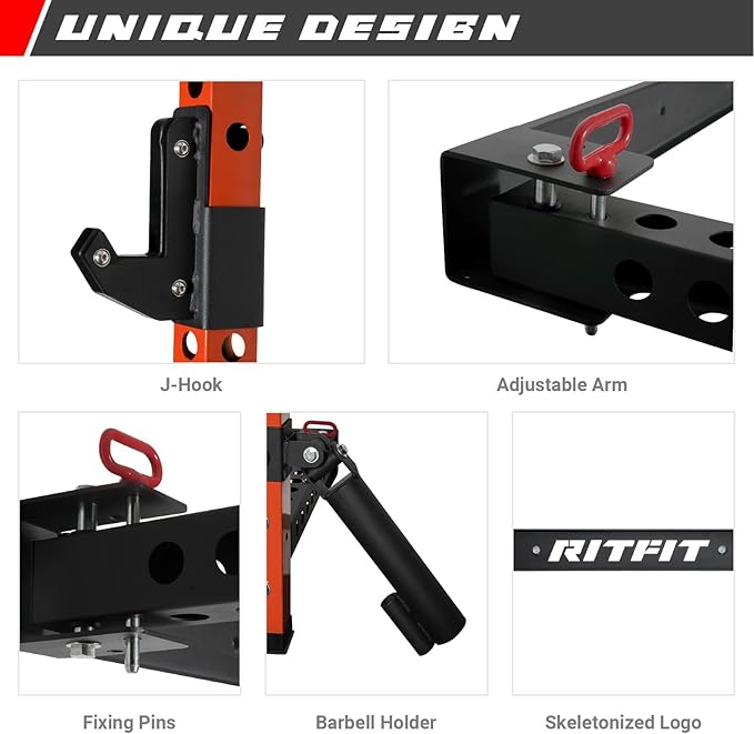 RitFit Multi-Functional Folding Squat Rack for Home Gym, 2.36'' x 2.36'' Wall Mounted Squat Rack with Attachments - Space Saving Squat Power Rack