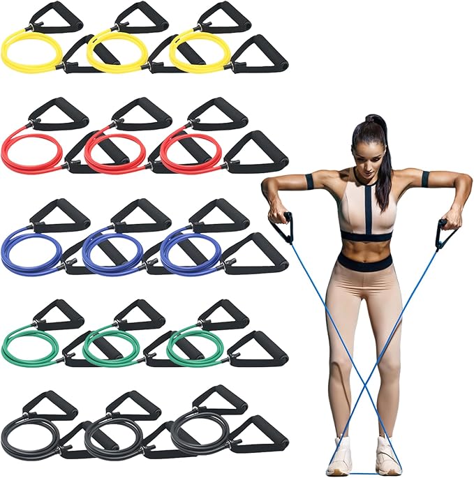 15 Pcs Resistance Bands with Handles for Home Workouts, Exercise Bands Set for Physical Therapy, Strength Training & Fitness for Women and Men