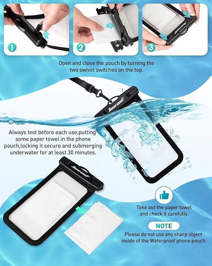 Hiearcool Waterproof Phone Pouch, Universal Case Compatible for iPhone 17 16 15 14 13 Pro Max Plus Up to 8.3", IPX8 Beach Travel Essentials-Black-2 Pack