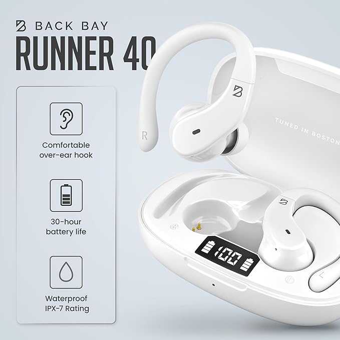 Back Bay Audio - Runner's Wireless Earbuds Bluetooth Headphones for Sports, Hook Over The Ear Buds, Deep Bass, Wrap Around Earphones with Earhooks for Running, Workout Wireless Headphones for The Gym