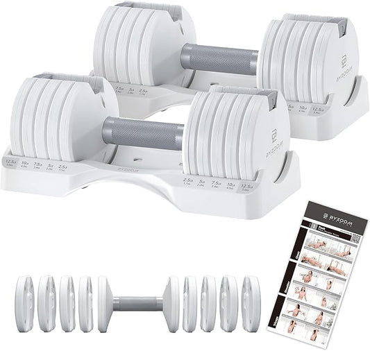 Adjustable Dumbbell – 12.5/25lb Single Unit OR Set of 2 – 5-in-1 Adjustable Weight for Home Gym, Strength Training & Fitness Workouts, White OR Black